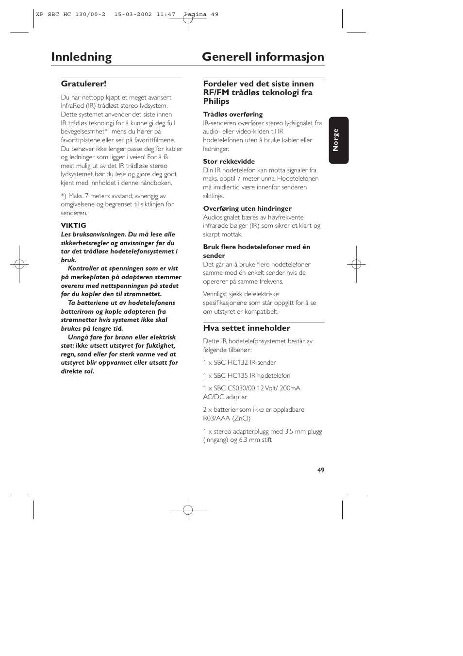 Innledning generell informasjon | Philips SBC HC130 User Manual | Page 49 / 86
