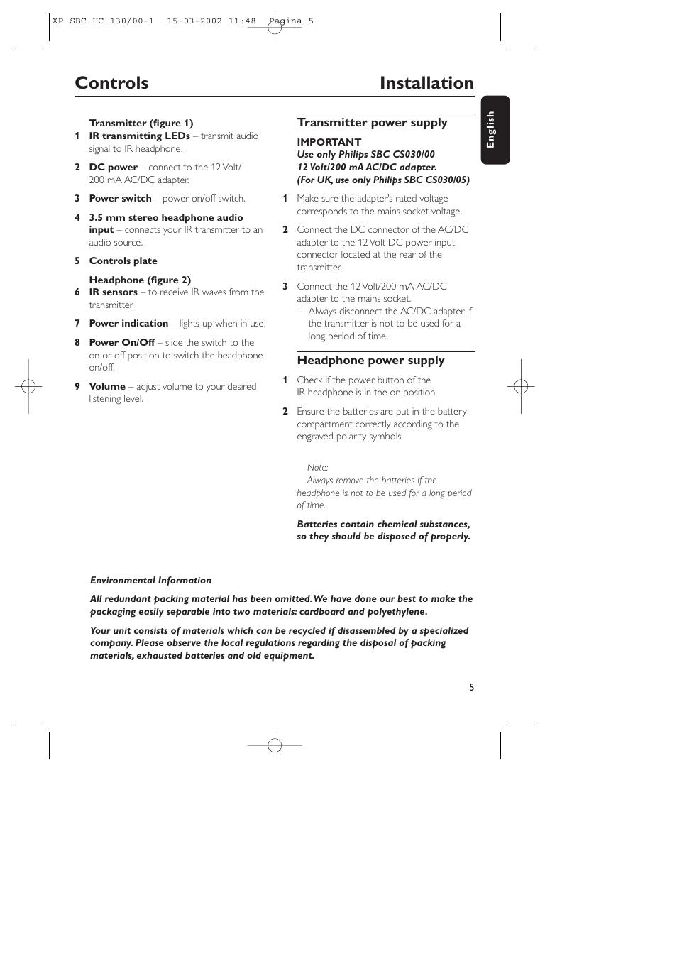 Controls installation | Philips SBC HC130 User Manual | Page 5 / 86