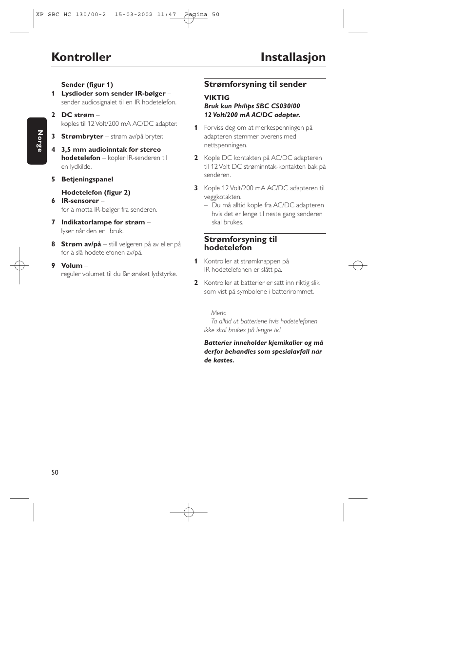 Kontroller installasjon | Philips SBC HC130 User Manual | Page 50 / 86