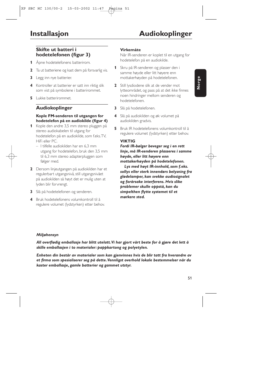 Installasjon audiokoplinger | Philips SBC HC130 User Manual | Page 51 / 86