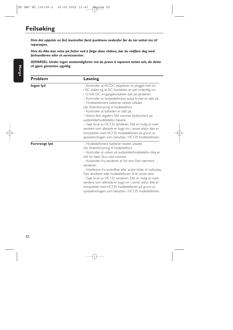 Feilsøking | Philips SBC HC130 User Manual | Page 52 / 86