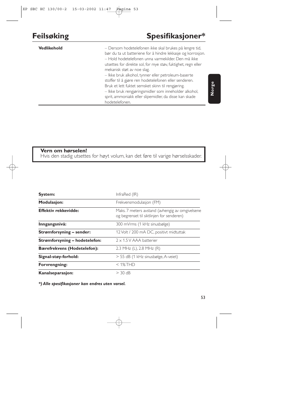 Feilsøking spesifikasjoner | Philips SBC HC130 User Manual | Page 53 / 86