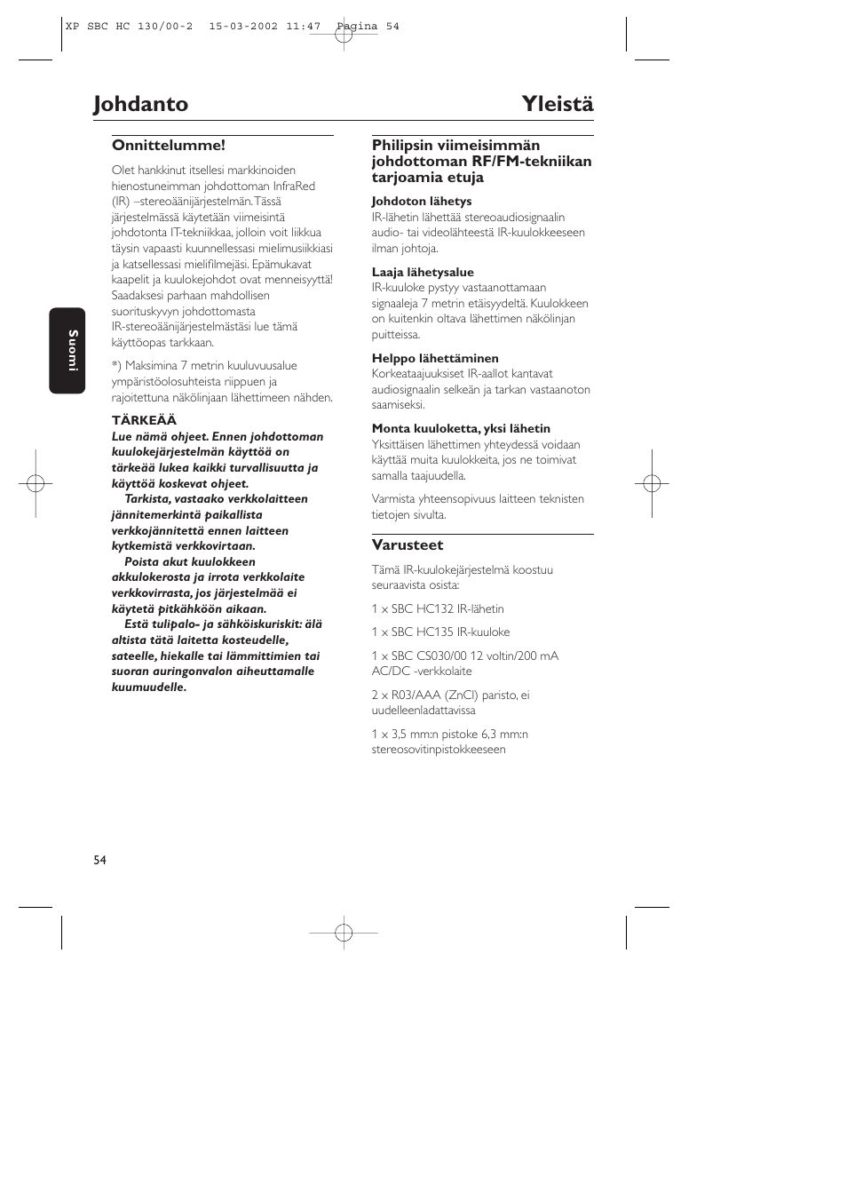 Johdanto yleistä | Philips SBC HC130 User Manual | Page 54 / 86