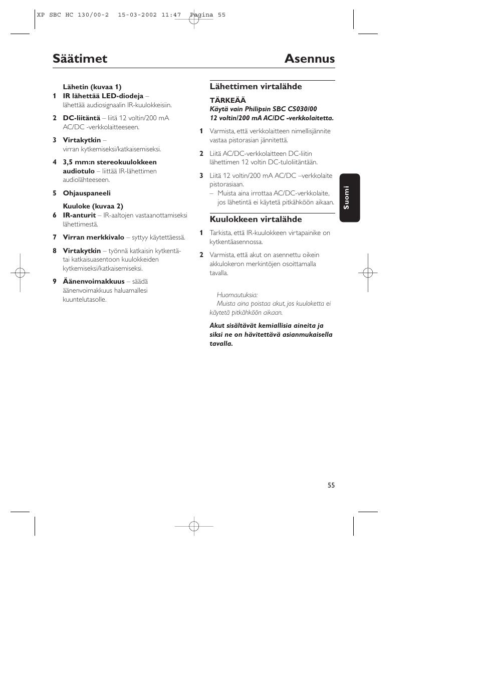Säätimet asennus | Philips SBC HC130 User Manual | Page 55 / 86
