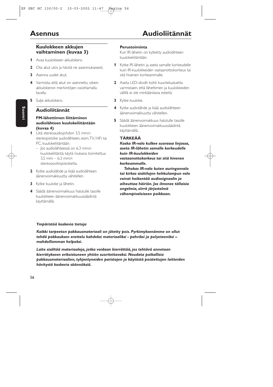 Asennus audioliitännät | Philips SBC HC130 User Manual | Page 56 / 86