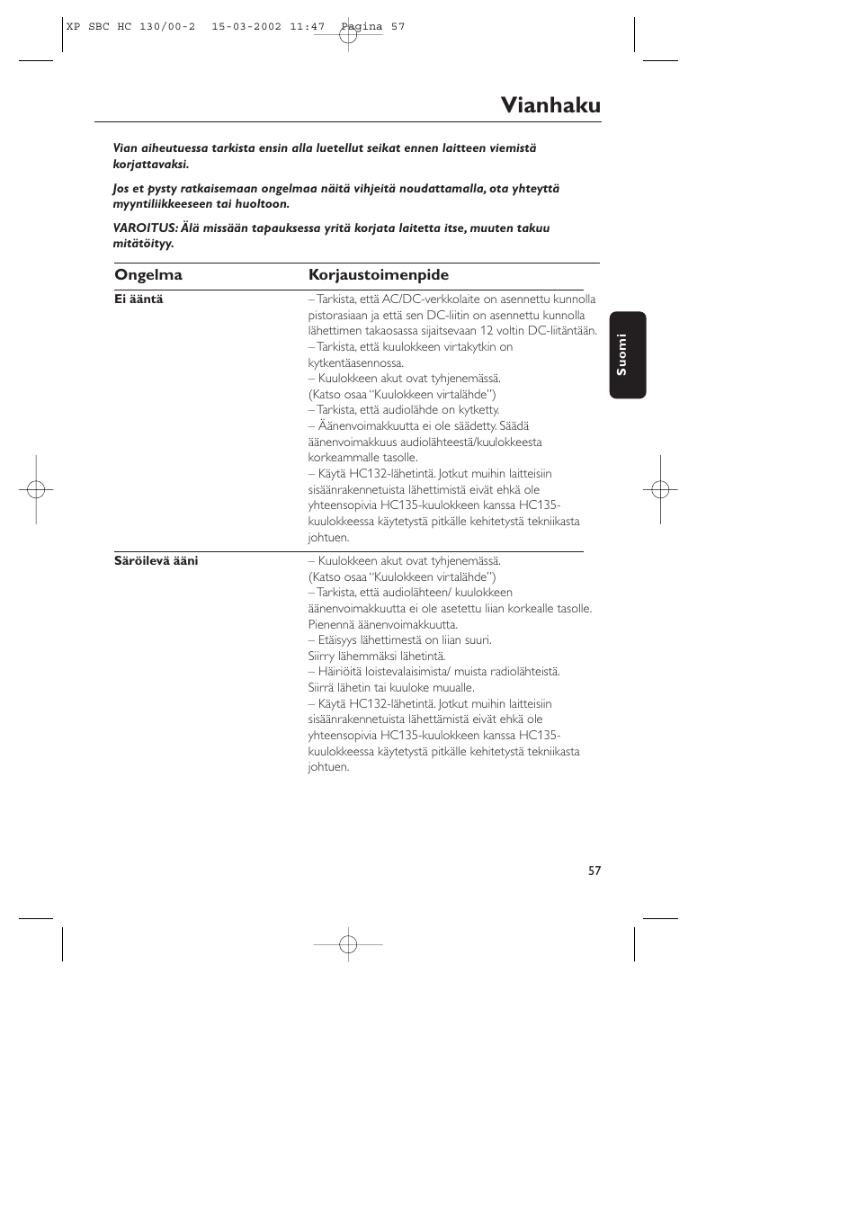 Vianhaku | Philips SBC HC130 User Manual | Page 57 / 86