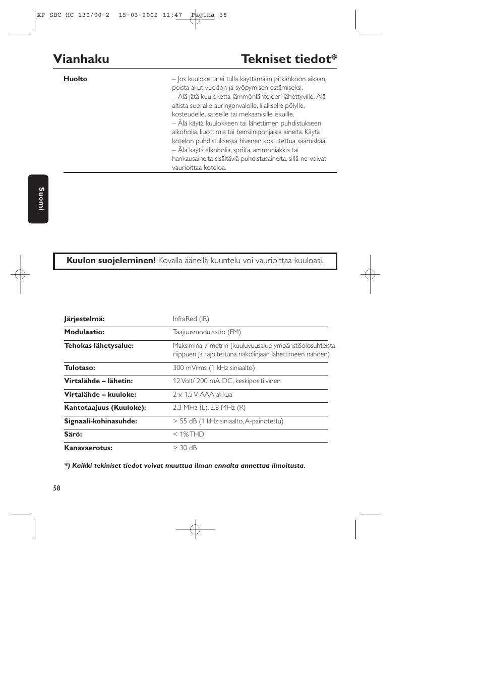 Vianhaku tekniset tiedot | Philips SBC HC130 User Manual | Page 58 / 86
