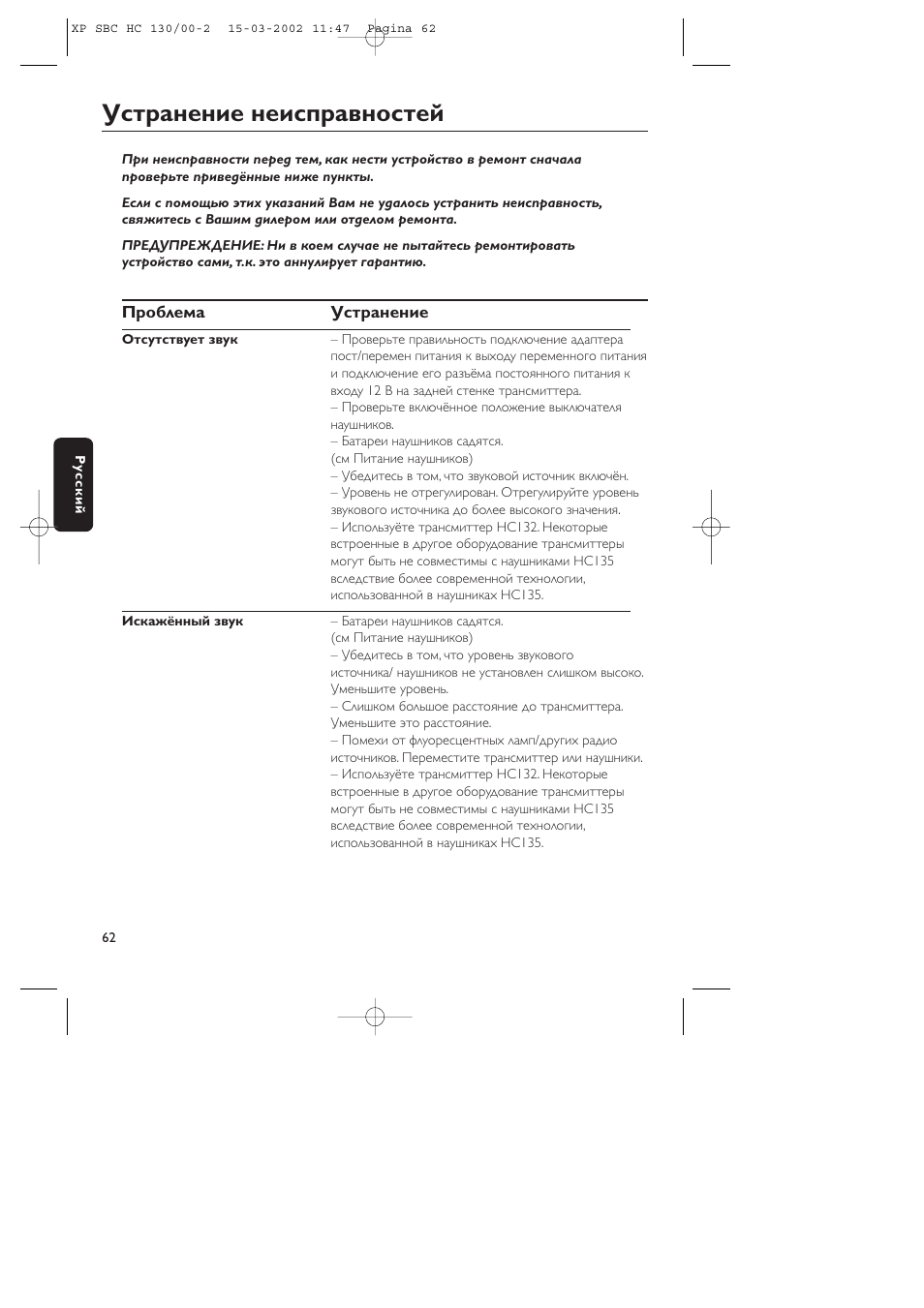 Устpанение неиспpавностей | Philips SBC HC130 User Manual | Page 62 / 86