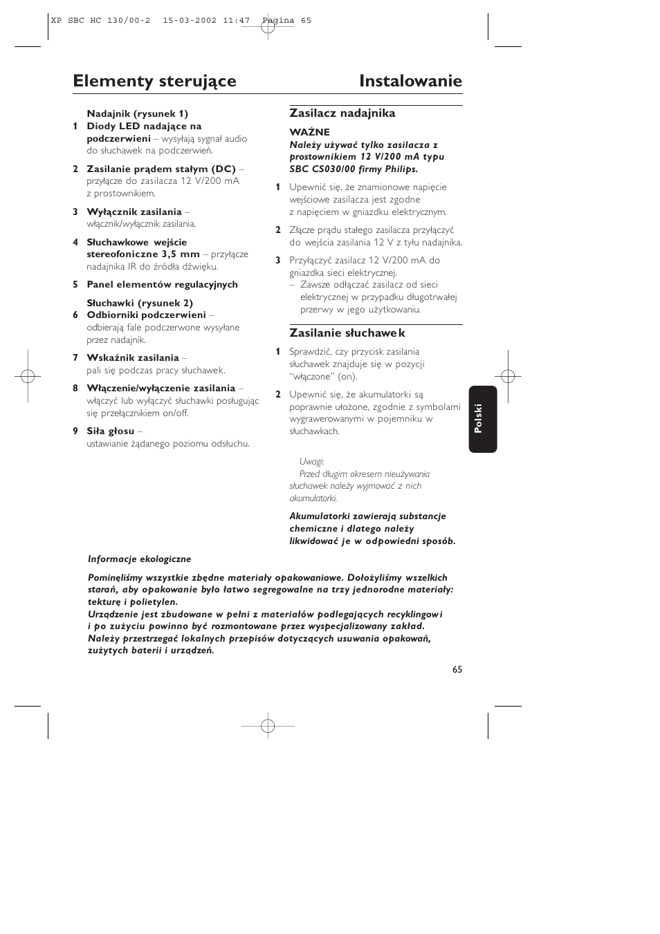 Elementy sterujące instalowanie | Philips SBC HC130 User Manual | Page 65 / 86