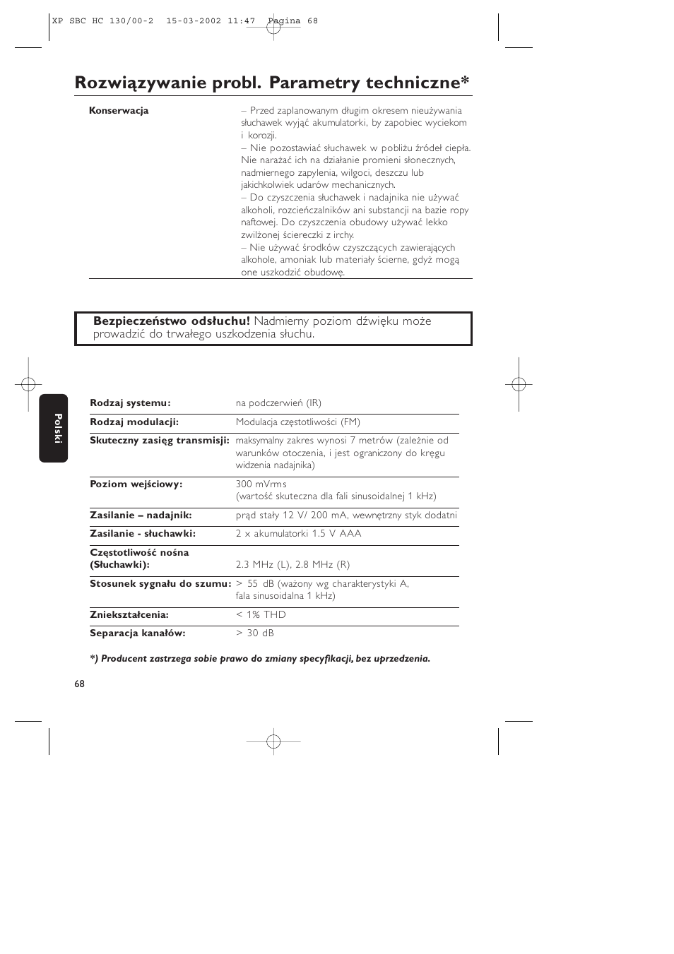 Rozwiązywanie probl. parametry techniczne | Philips SBC HC130 User Manual | Page 68 / 86