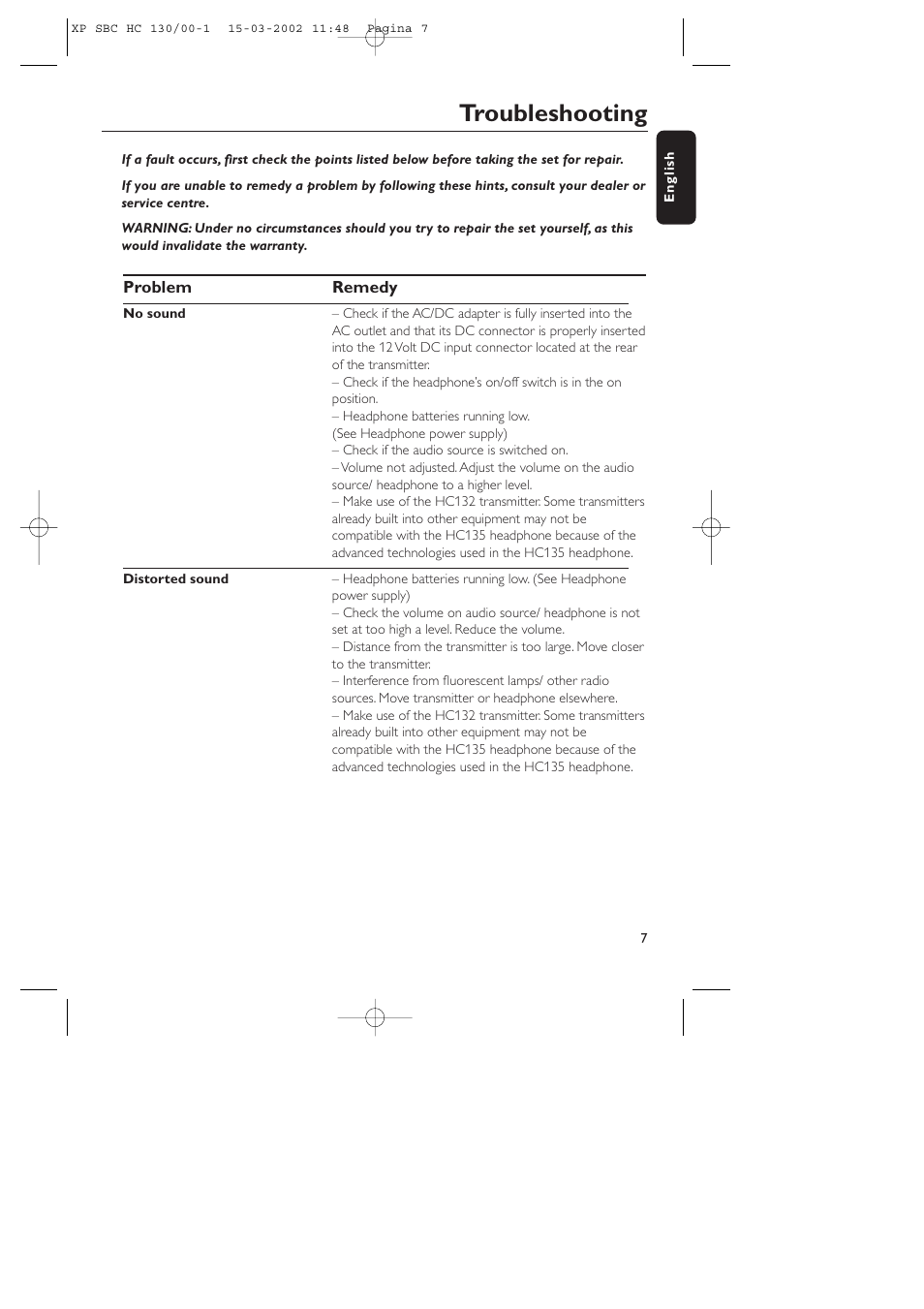 Troubleshooting | Philips SBC HC130 User Manual | Page 7 / 86