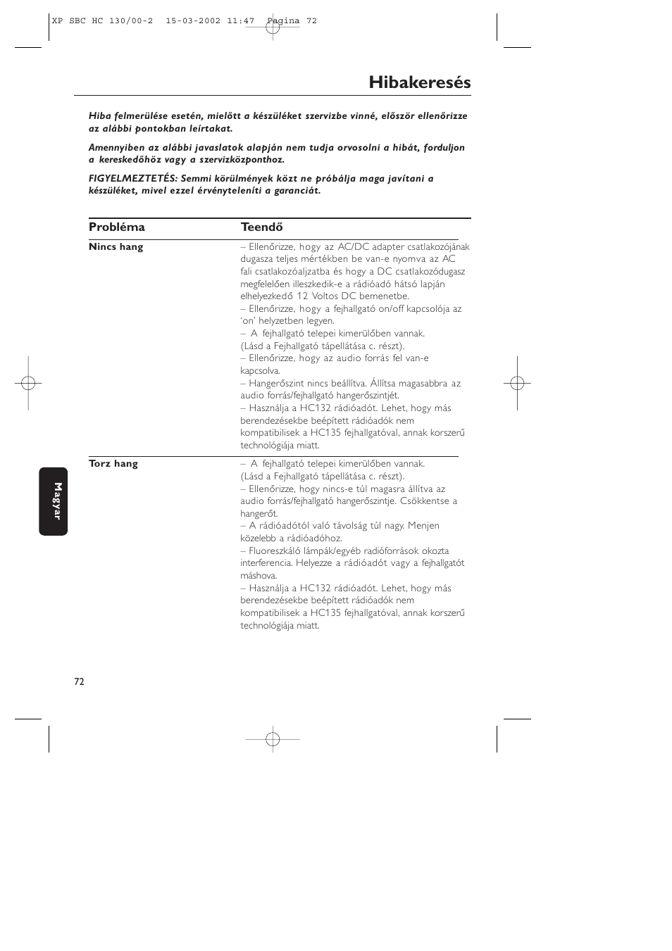Hibakeresés | Philips SBC HC130 User Manual | Page 72 / 86