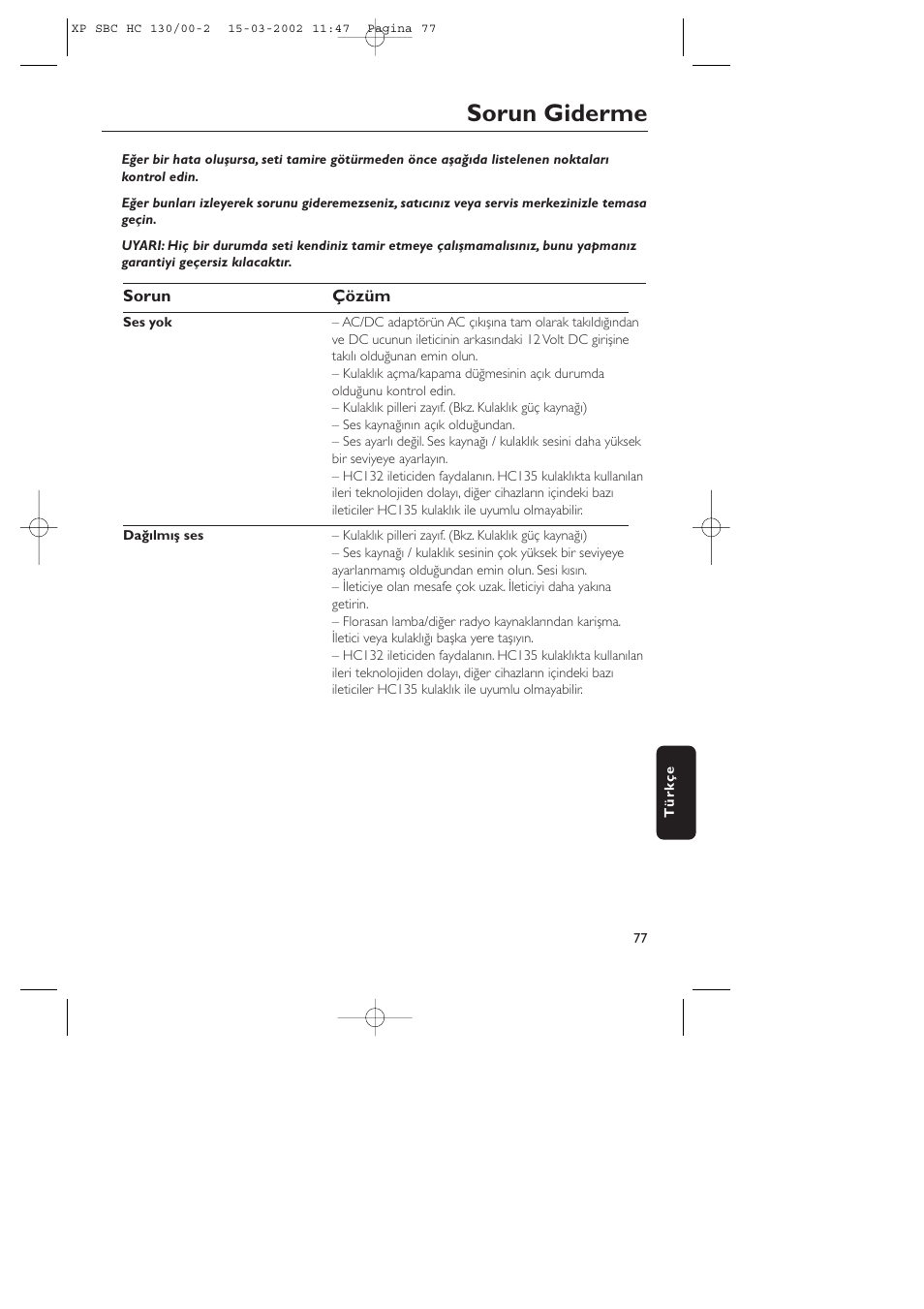 Sorun giderme | Philips SBC HC130 User Manual | Page 77 / 86