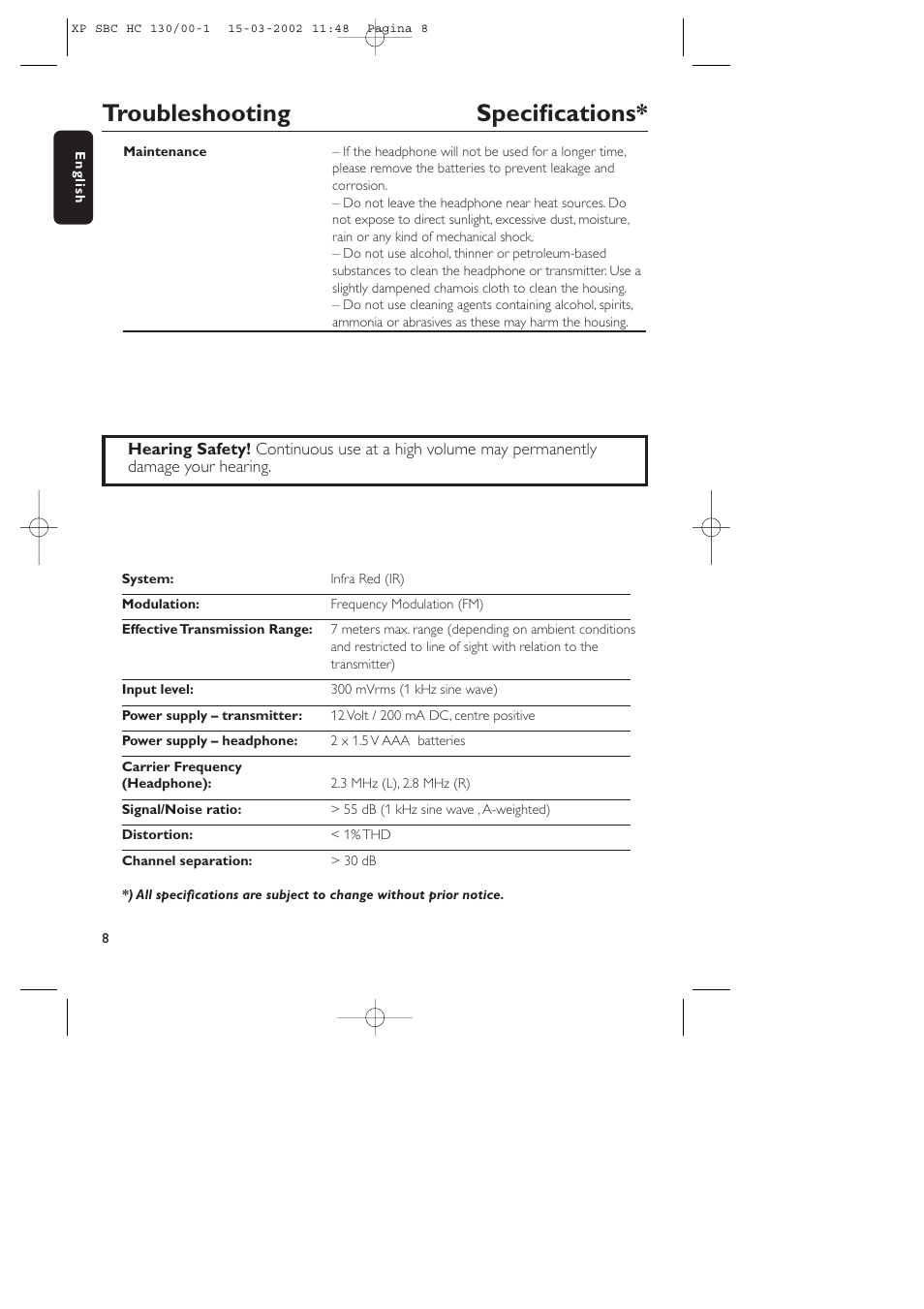 Troubleshooting specifications | Philips SBC HC130 User Manual | Page 8 / 86