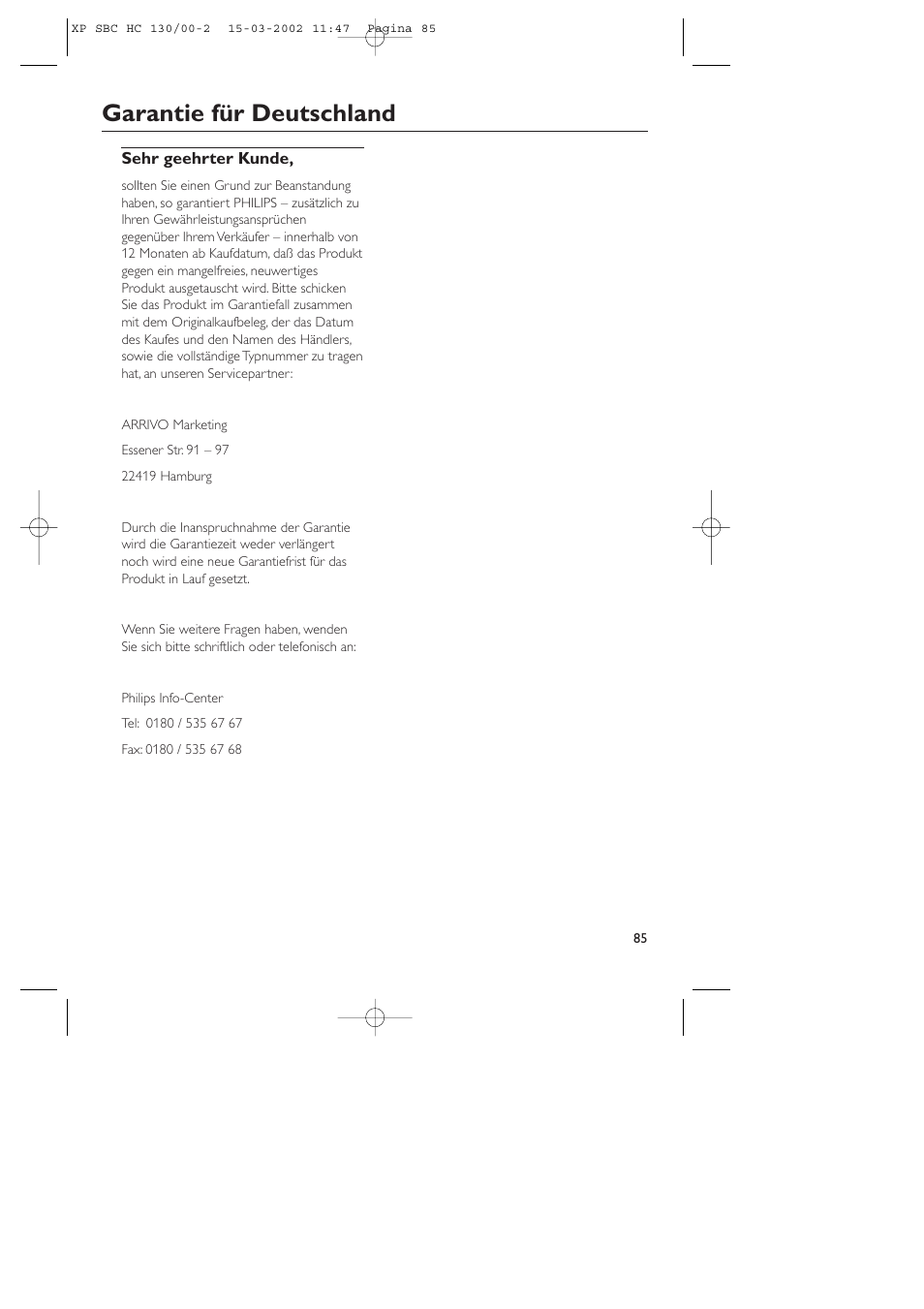 Garantie für deutschland | Philips SBC HC130 User Manual | Page 85 / 86