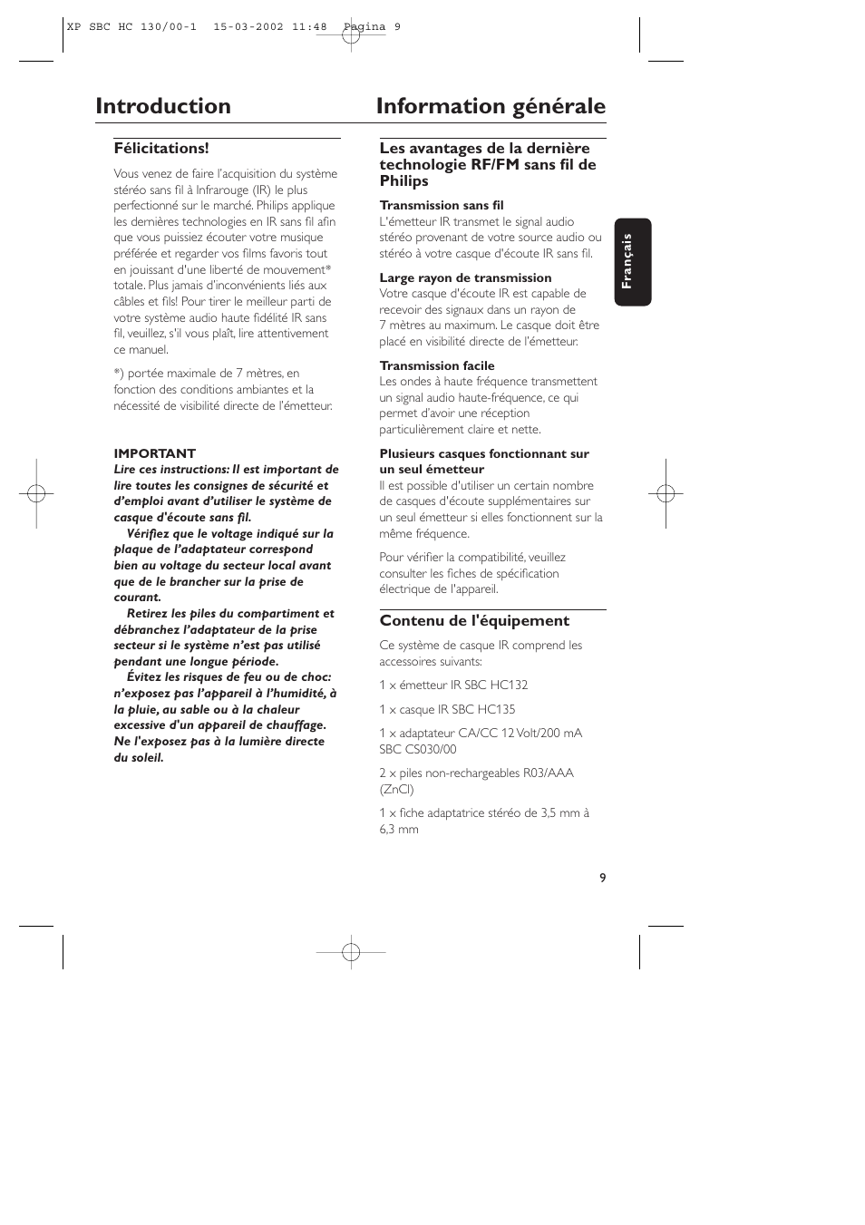 Introduction information générale | Philips SBC HC130 User Manual | Page 9 / 86