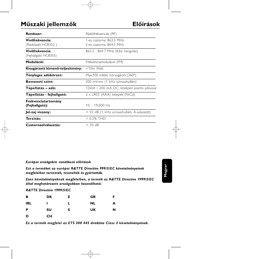 Műszaki jellemzők előírások | Philips HC8350 User Manual | Page 101 / 117