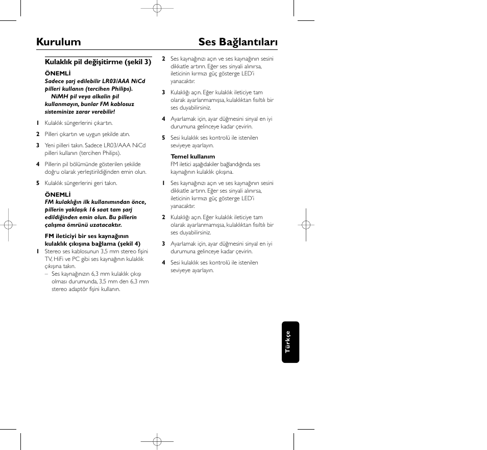 Kurulum ses bağlantıları | Philips HC8350 User Manual | Page 105 / 117