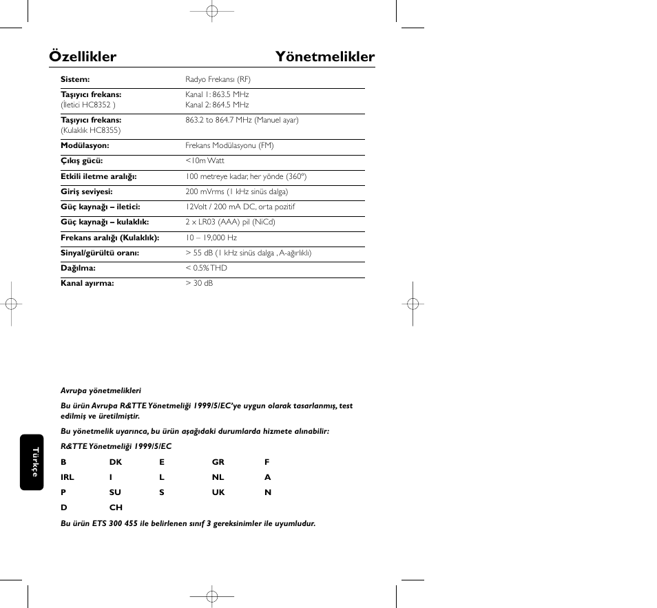 Özellikler yönetmelikler | Philips HC8350 User Manual | Page 108 / 117