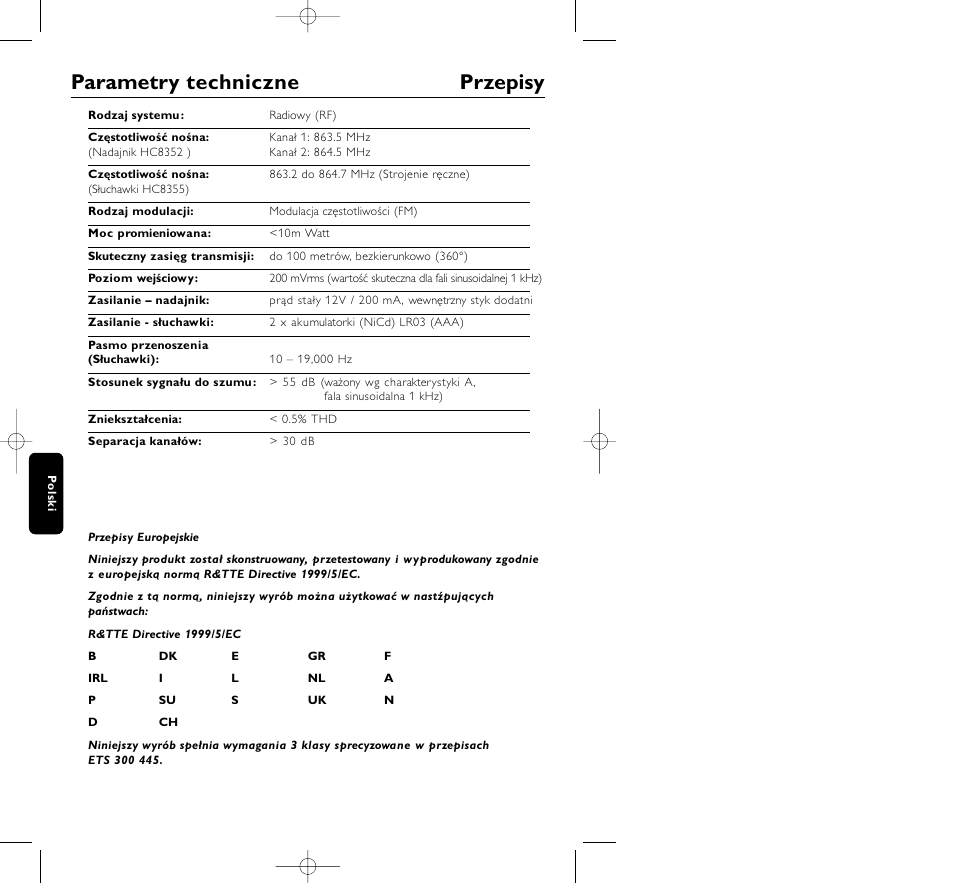 Parametry techniczne przepisy | Philips HC8350 User Manual | Page 94 / 117