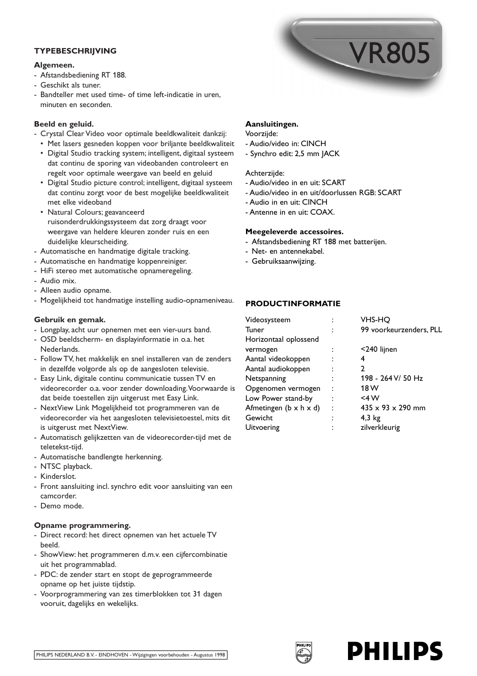 Vr805 | Philips VR805 User Manual | Page 2 / 2