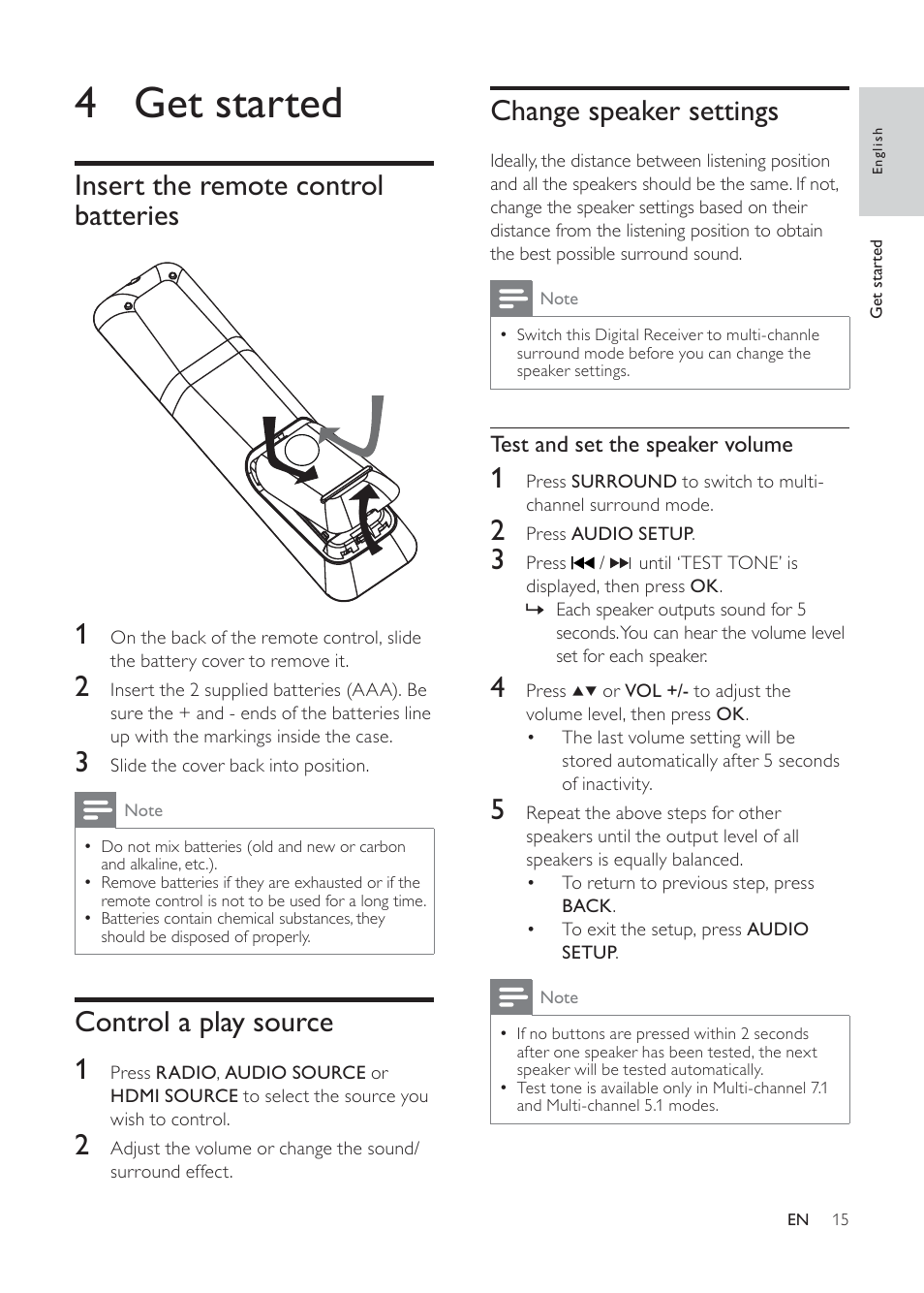 4 get started, Change speaker settings, Insert the remote control batteries | Control a play source 1 | Philips HTR5224 User Manual | Page 15 / 26