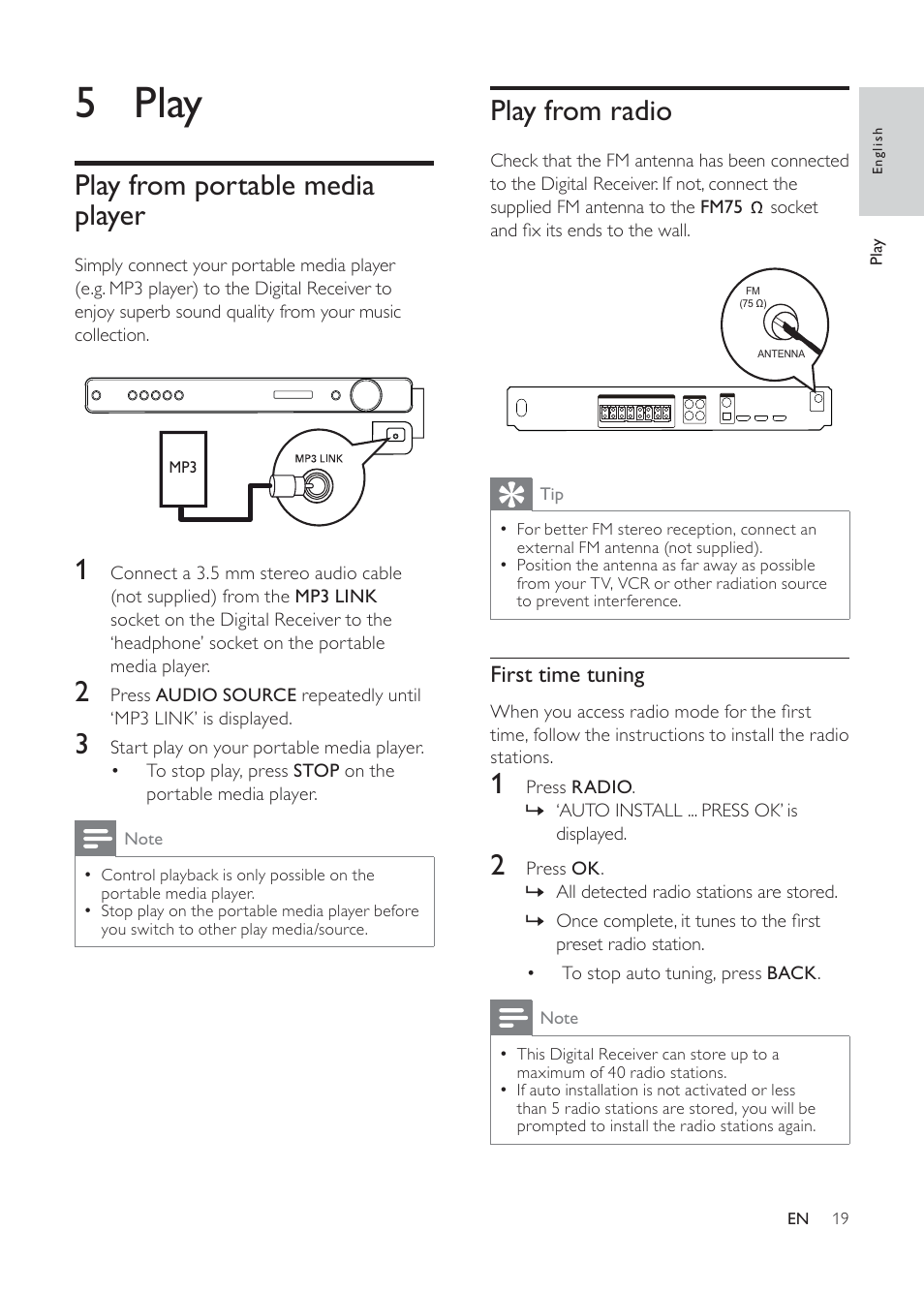 5 play, Play from radio, Play from portable media player | Philips HTR5224 User Manual | Page 19 / 26