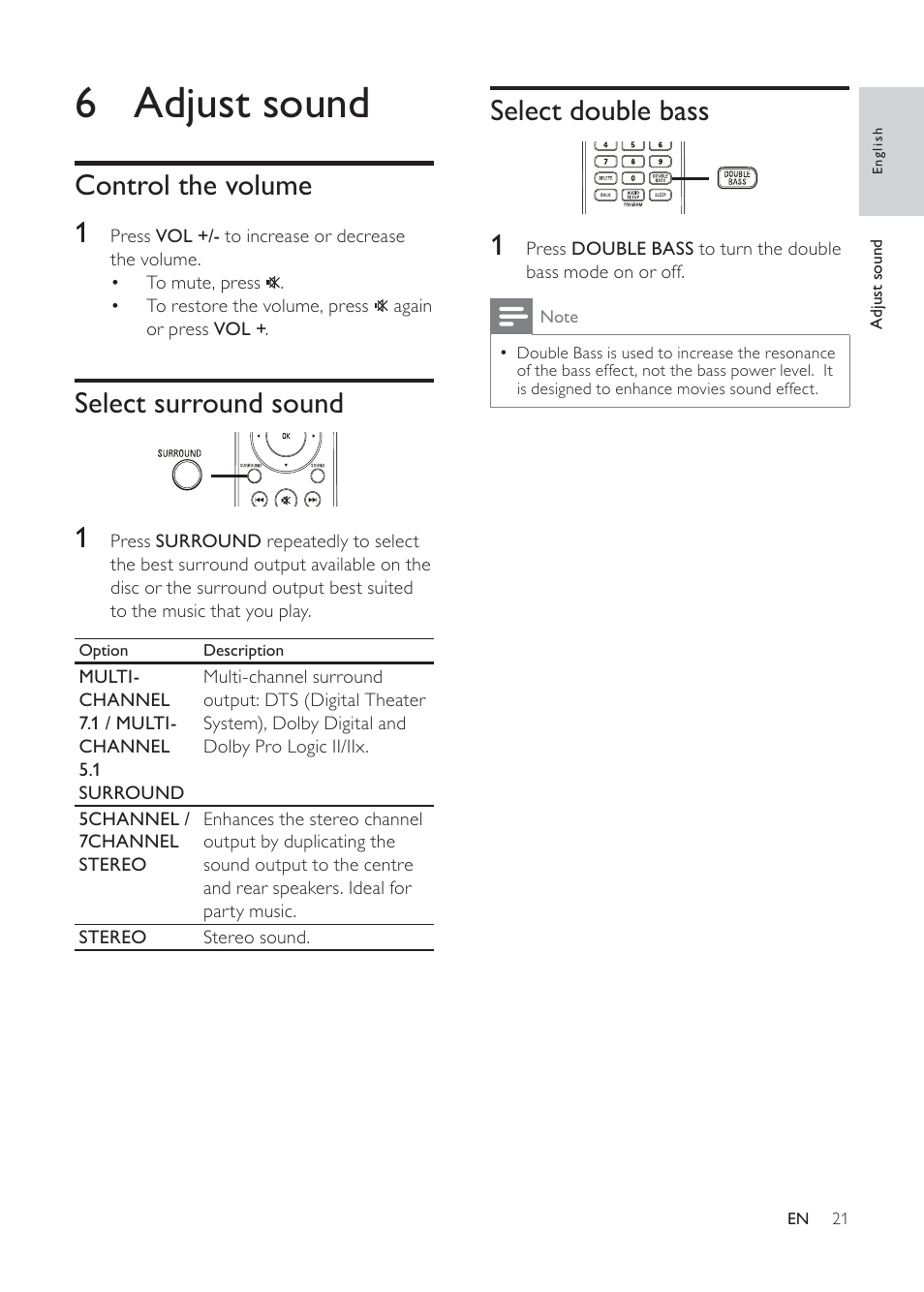 6 adjust sound, Select double bass, Control the volume 1 | Select surround sound | Philips HTR5224 User Manual | Page 21 / 26