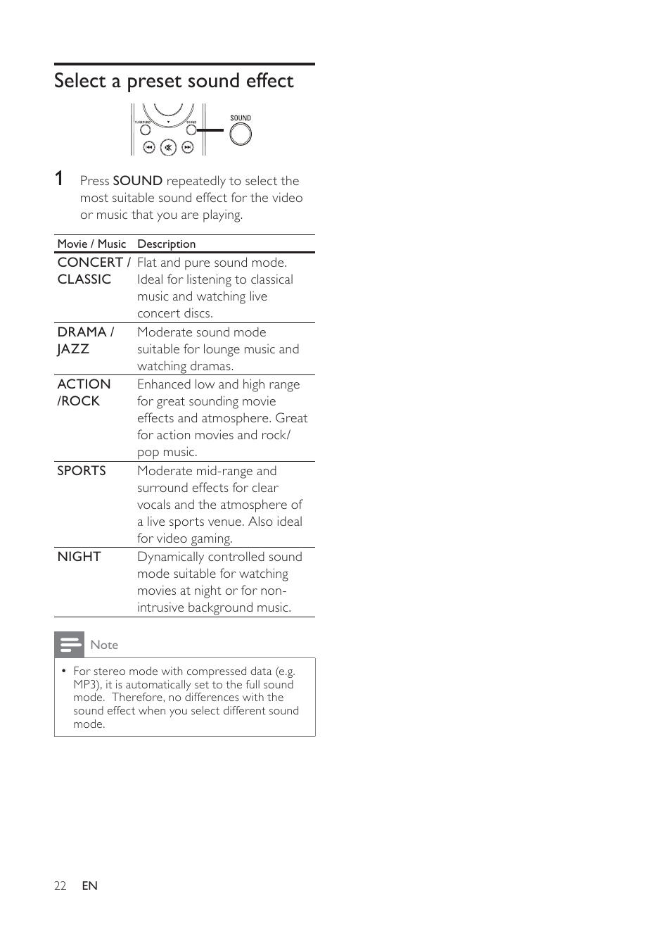 Select a preset sound effect | Philips HTR5224 User Manual | Page 22 / 26