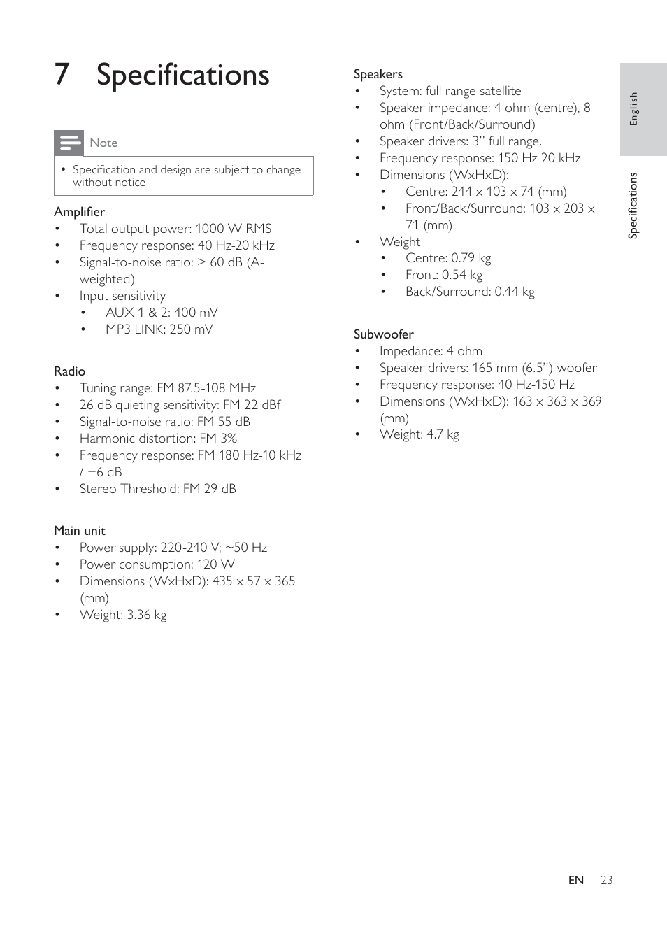 7 specifications | Philips HTR5224 User Manual | Page 23 / 26
