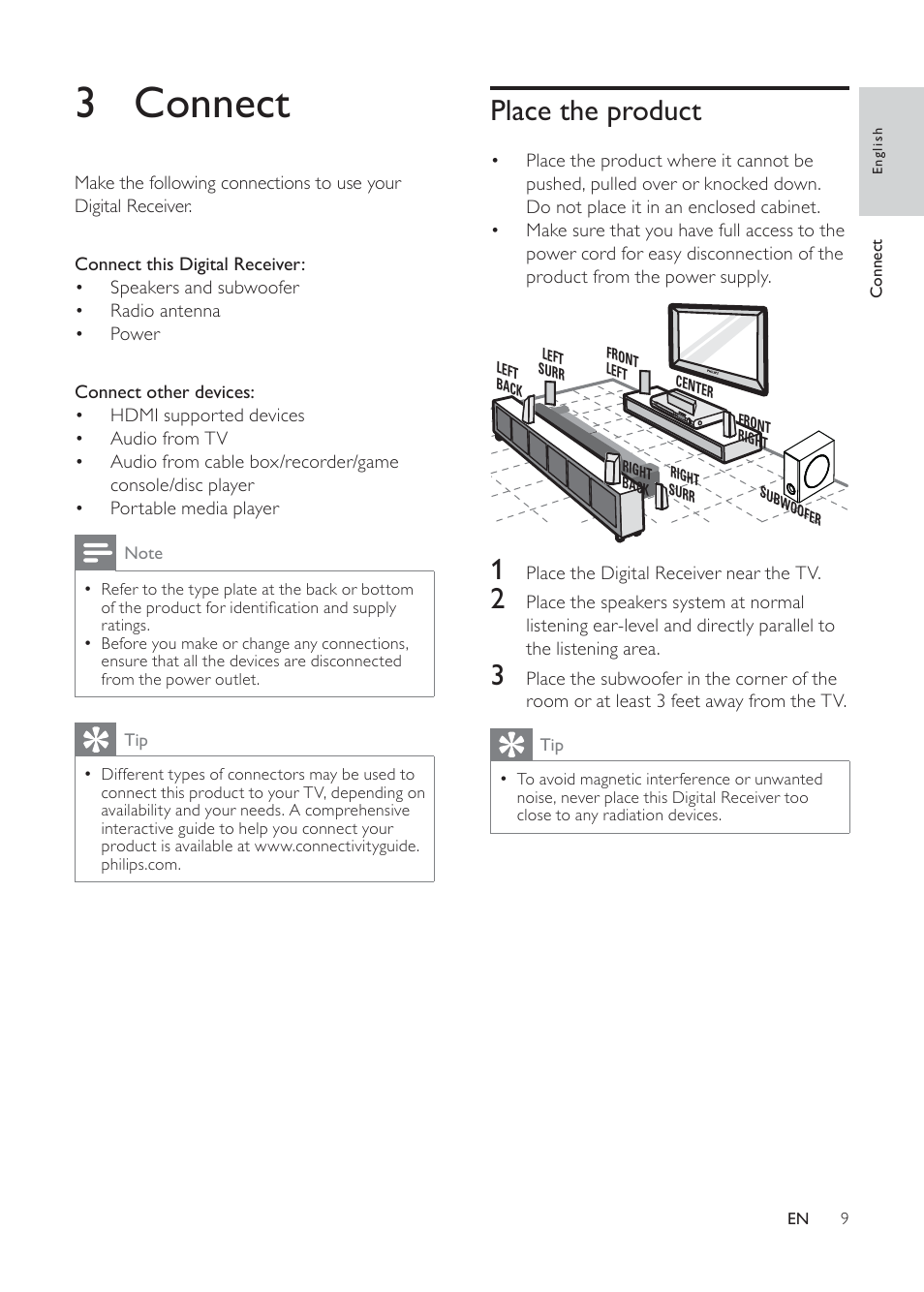 3 connect, Place the product | Philips HTR5224 User Manual | Page 9 / 26