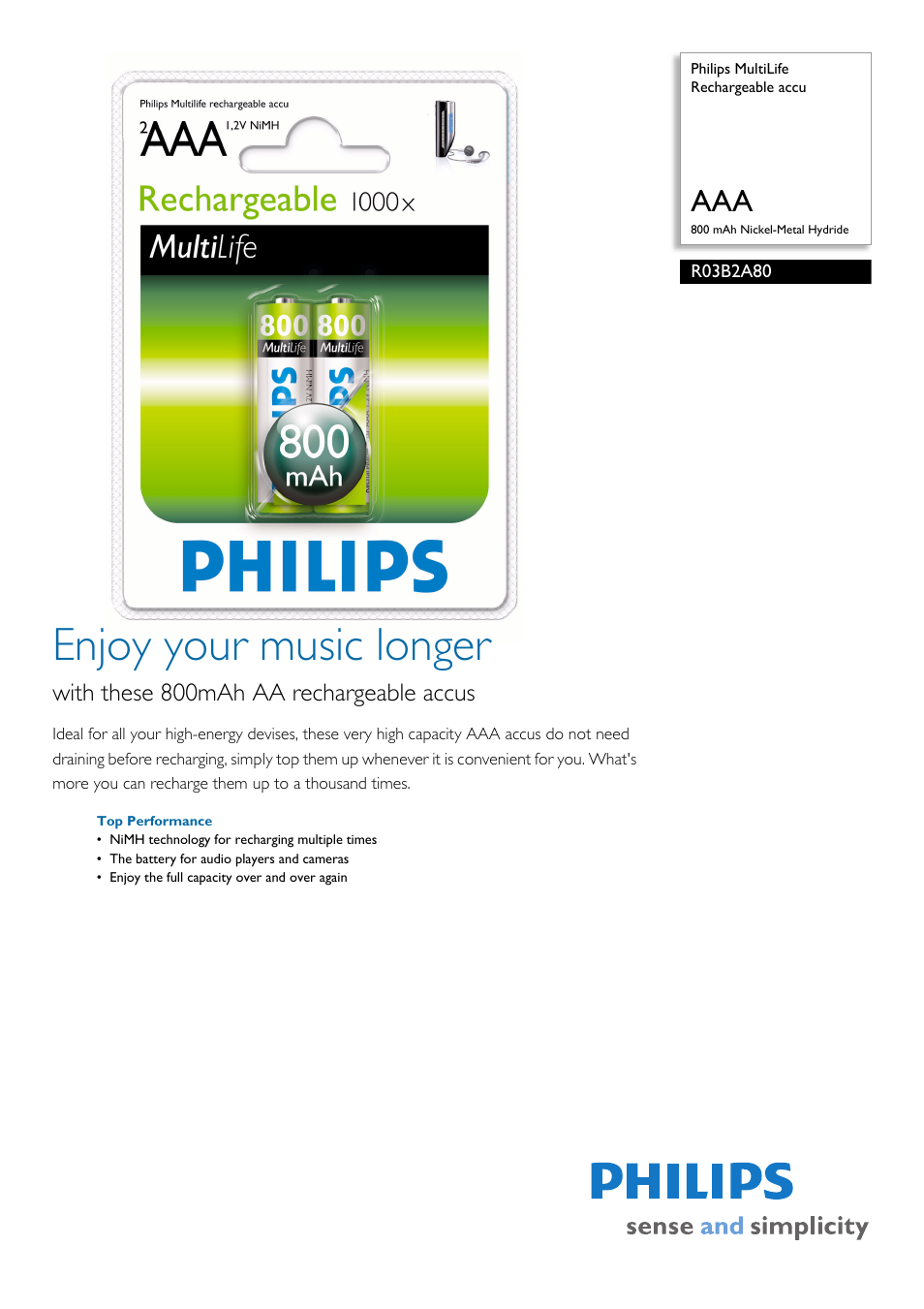 Philips Multilife R03B2A80 User Manual | 2 pages