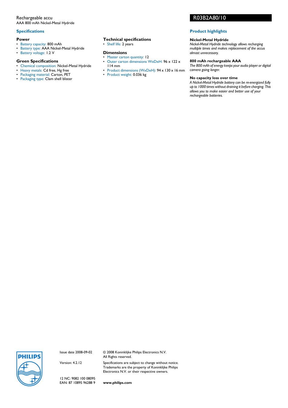 Philips Multilife R03B2A80 User Manual | Page 2 / 2