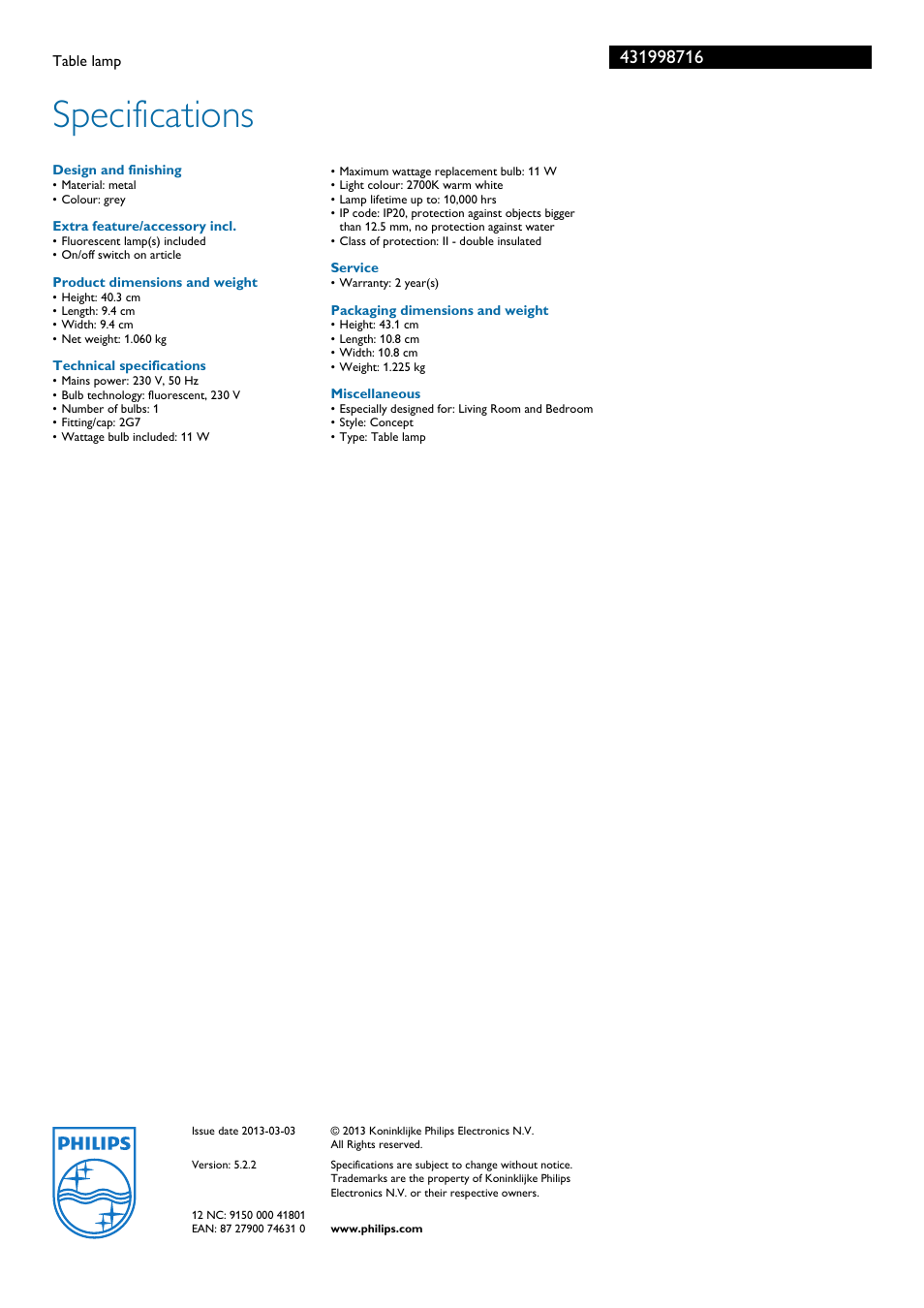 Specifications | Philips Ecomoods 43199/87/16 User Manual | Page 2 / 2