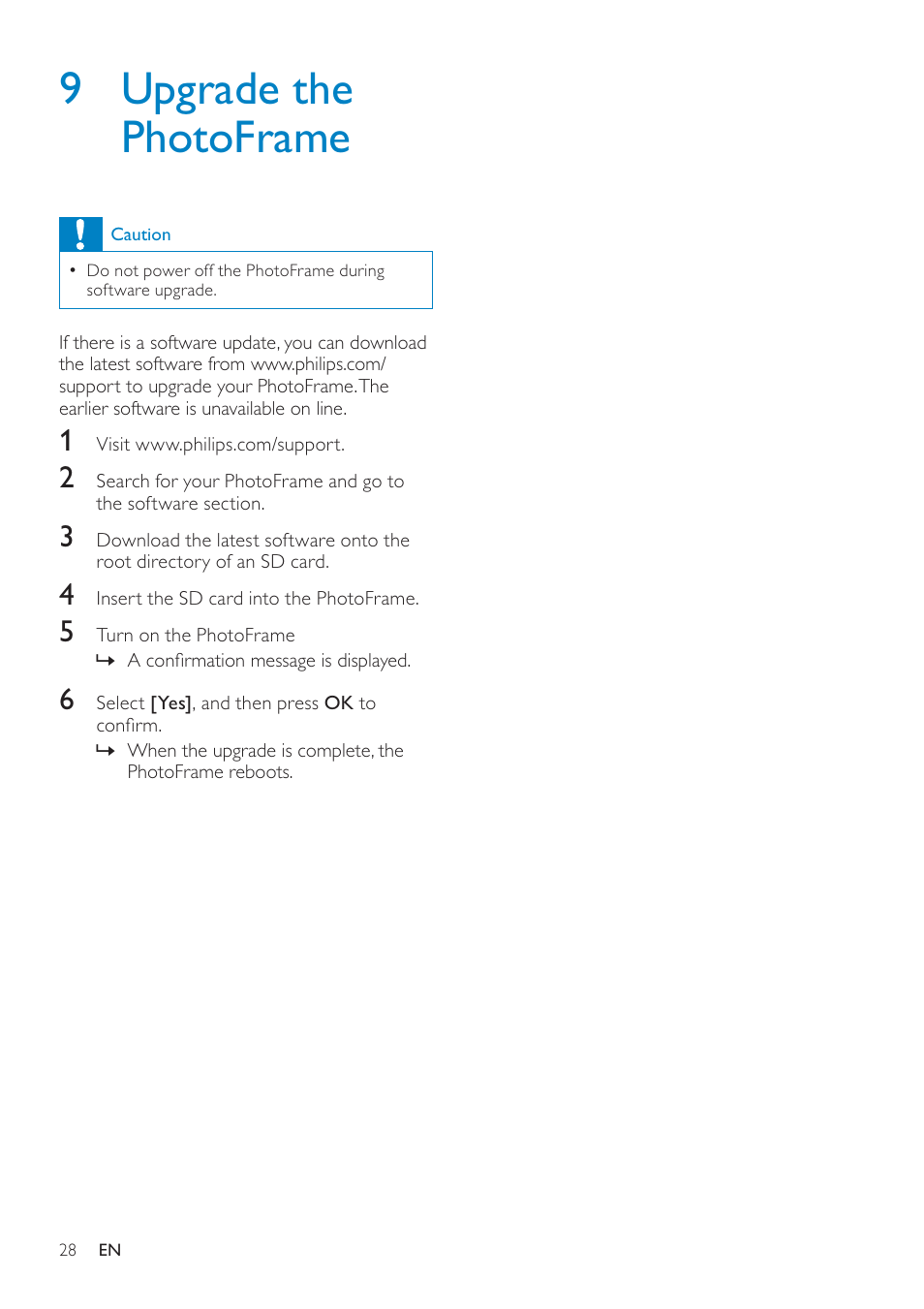 9 upgrade the photoframe | Philips SPF4308 User Manual | Page 29 / 34