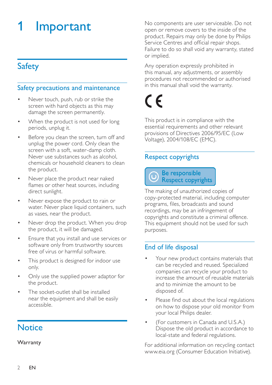 1 important, Safety, Notice | Philips SPF4308 User Manual | Page 3 / 34