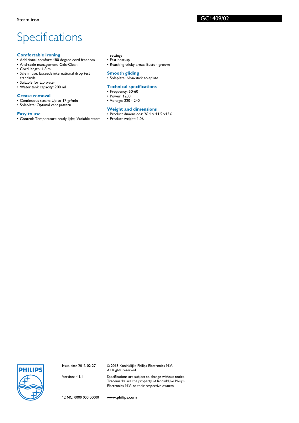 Specifications | Philips GC1409 User Manual | Page 2 / 2