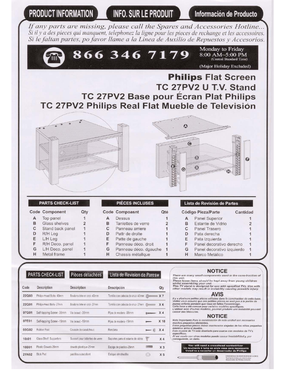 Parts check-list, Pieces incluses, Product information | Información de producto, Pièces détachées ■ lista de revision de paresw, Notice, Avis | Philips TC27PV2 User Manual | Page 4 / 4