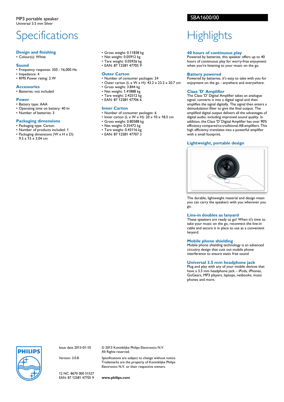 Specifications, Highlights | Philips SBA1600/00 User Manual | Page 2 / 2