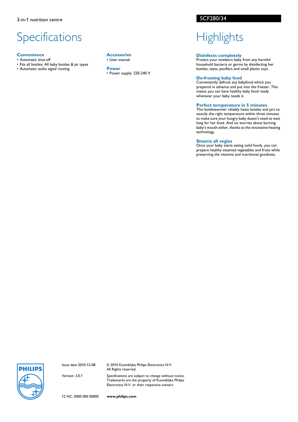 Specifications, Highlights | Philips SCF280/34 User Manual | Page 2 / 2