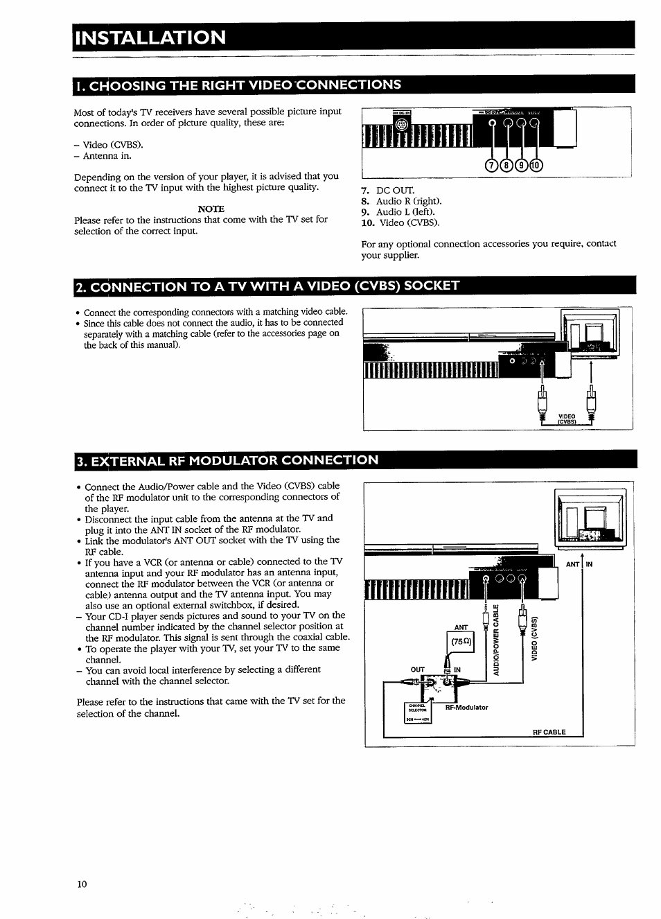 I. choosing the right video connections, Connection to a tv with a video (cvbs) socket, External rf modulator connection | Roiilf, Iiniibiibimihinbm, Installation | Philips CDI550 User Manual | Page 10 / 20