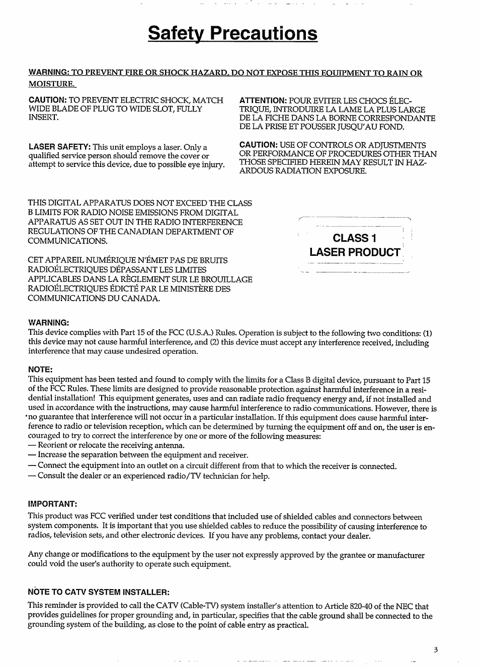 Safety precautions, Class 1 laser product | Philips CDI550 User Manual | Page 3 / 20