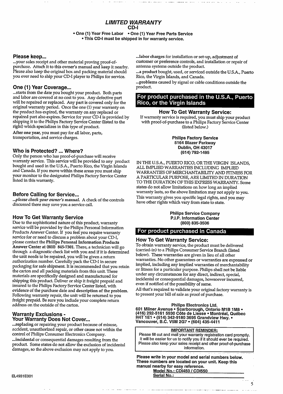 Please keep, One (1) year coverage, Who is protected? ... where | Before calling for service, How to get warranty service, Warranty exclusions, Your warranty does not cover, Limited warranty | Philips CDI550 User Manual | Page 5 / 20