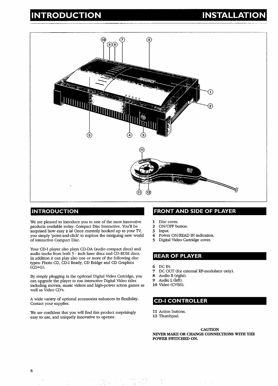 Front and side of player, Rear of player, Cd-i controller | Introduction installation | Philips CDI550 User Manual | Page 8 / 20