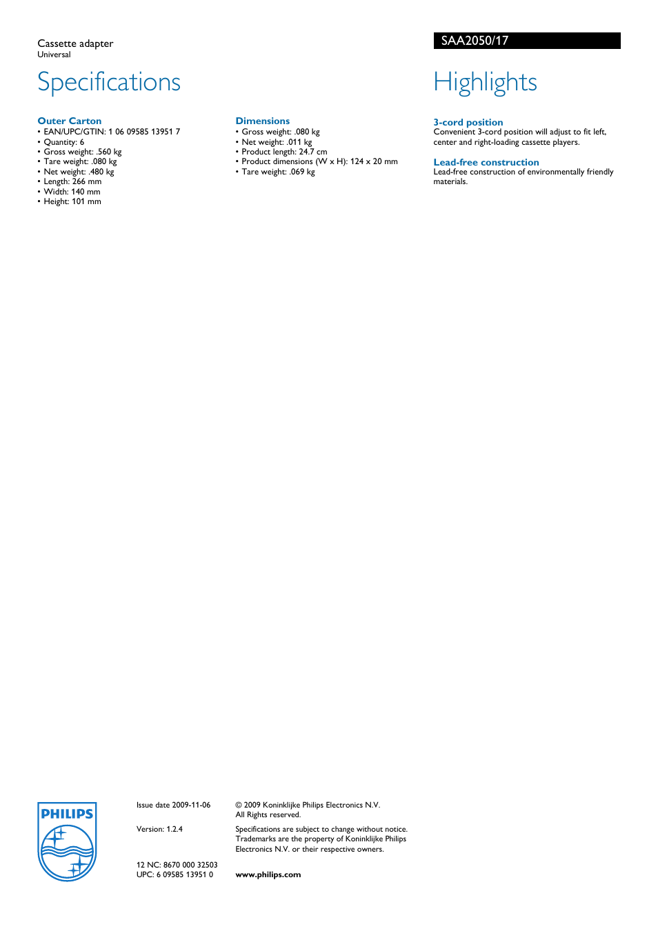 Specifications, Highlights | Philips SAA2050 User Manual | Page 2 / 2