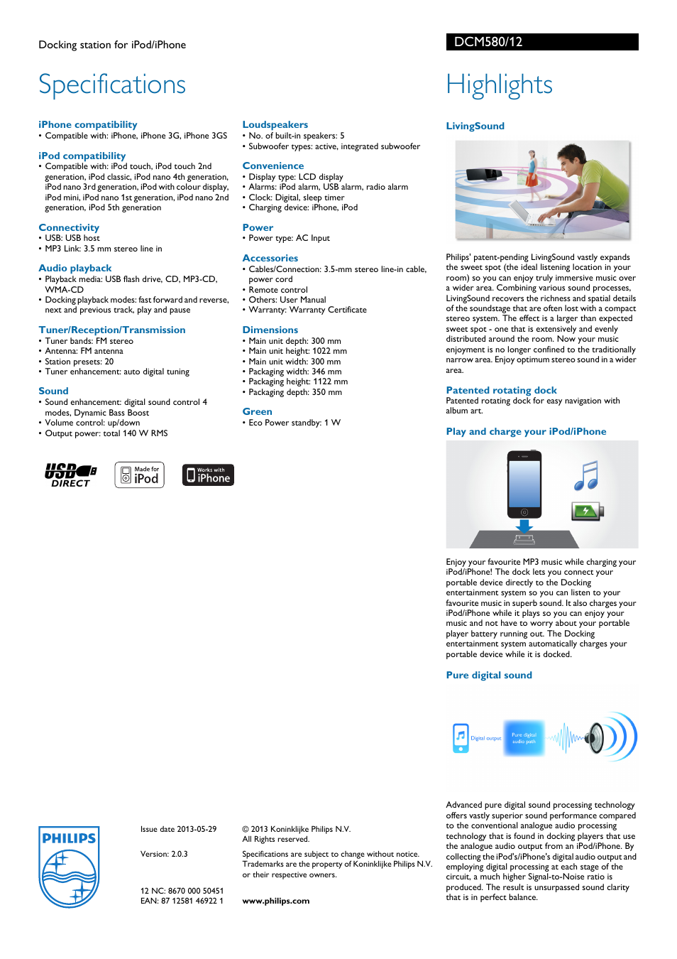 Specifications, Highlights | Philips DCM580/12 User Manual | Page 2 / 2
