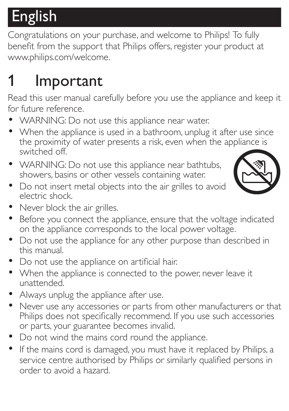 English, 1 important | Philips HP4940/00 User Manual | Page 3 / 6