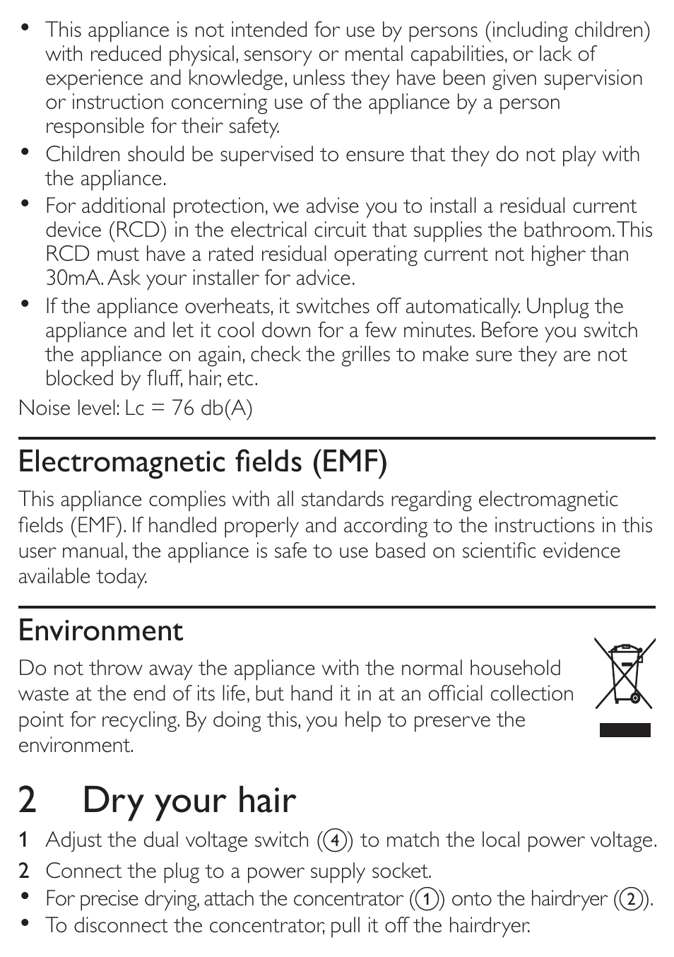 2 dry your hair, Electromagnetic fields (emf), Environment | Philips HP4940/00 User Manual | Page 4 / 6