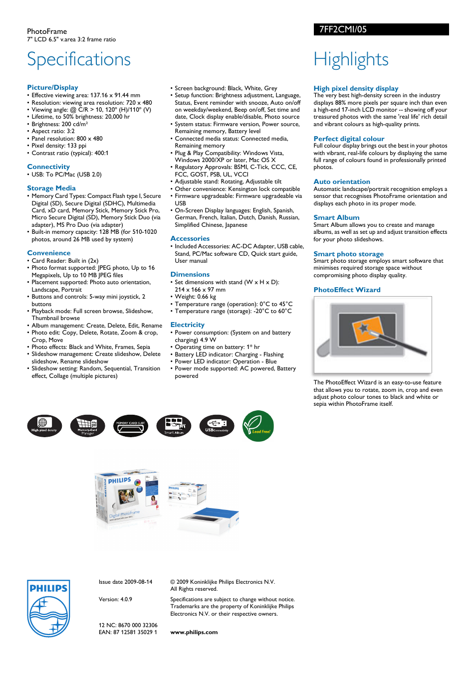 Specifications, Highlights, 7ff2cmi/05 | Philips 7FF2CMI/05 User Manual | Page 2 / 2