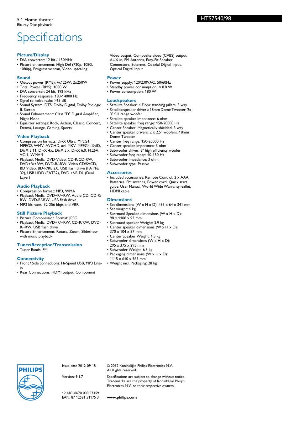 Specifications | Philips HTS7540 User Manual | Page 3 / 3